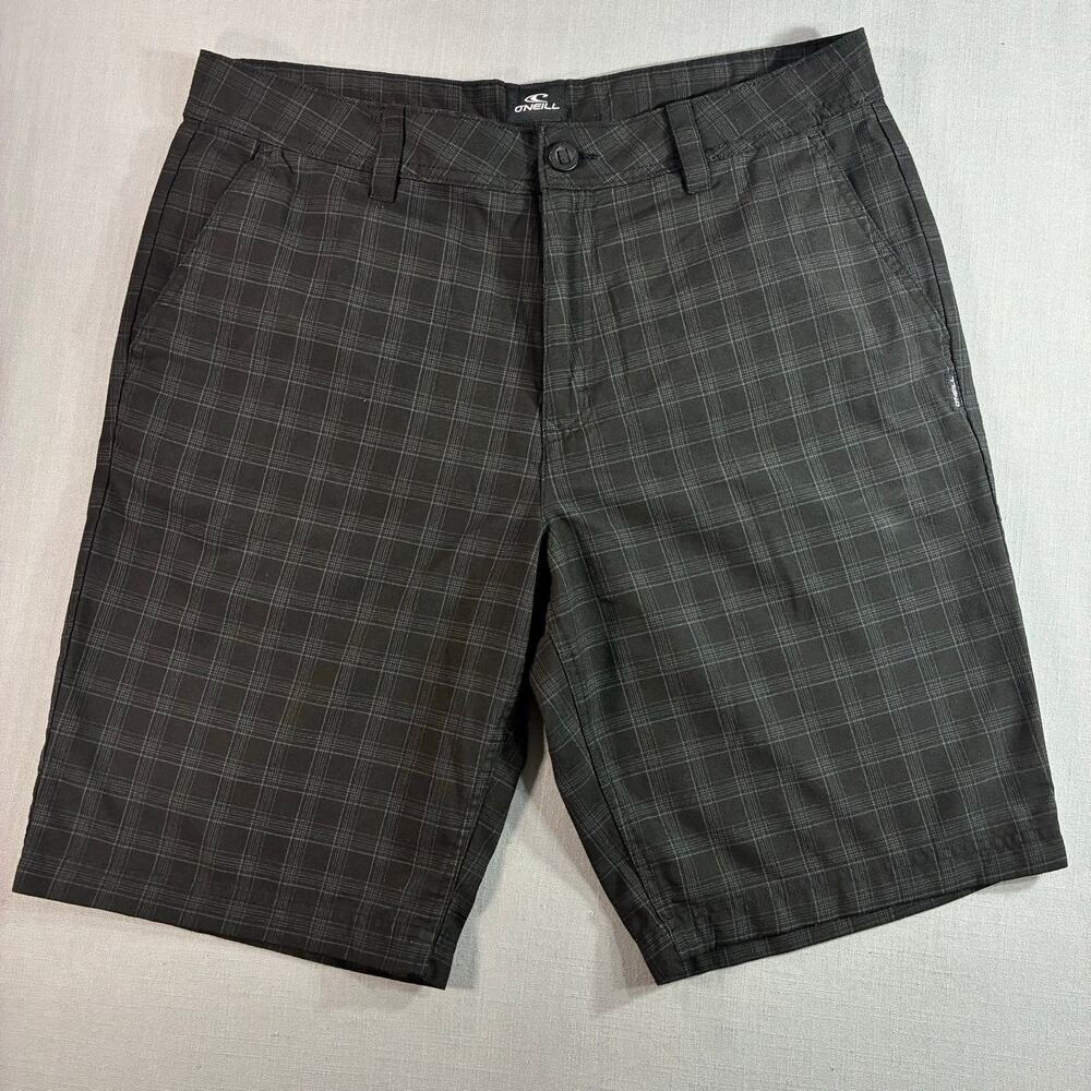 O’Neill Mens 34 Relaxed Fit Plaid Hybrid Shorts Gray Casual Flat Front